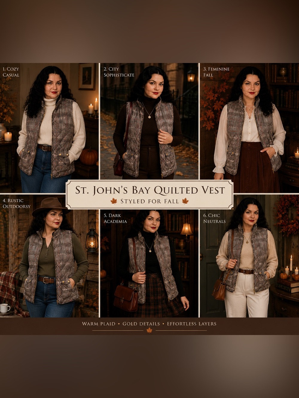 Fall Chic St. John's Bay Quilted Plaid Vest - Dark Academia Autumn Plaid size S